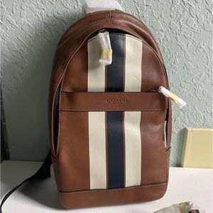 Coach Men’s Leather Charles Pack Sling Backpack Bag Dark Saddle/Midnight #F72226